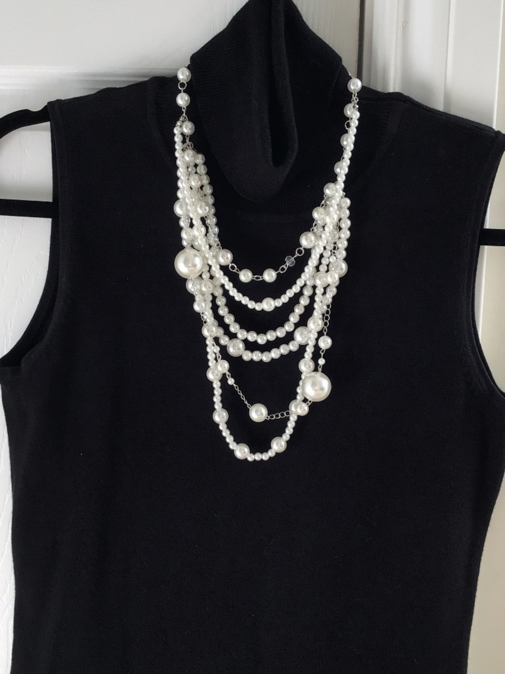 Fabulous white faux pearl multi layer necklace with silver tone links